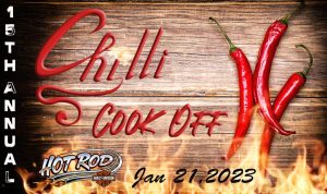 Logo for Chili Cookoff, with fire and Chili peppers